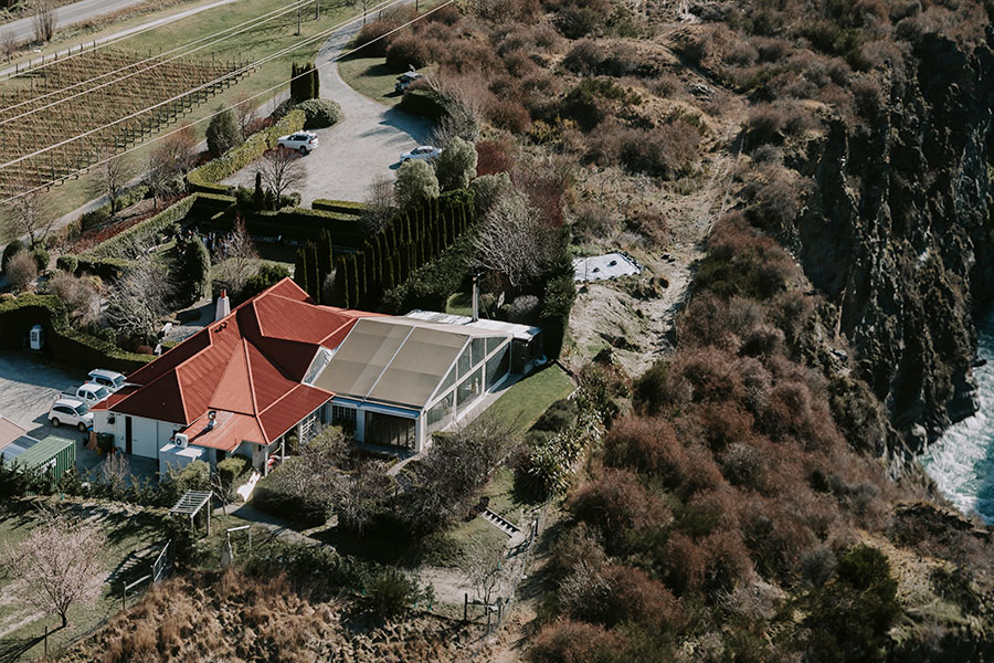 drone shot of the winehouse wedding & event venue in Gibbston valley queenstown
